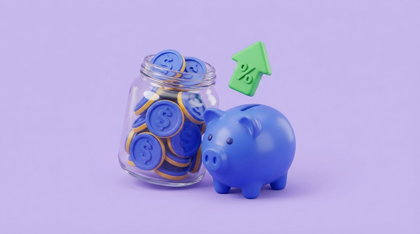 AI-generated: 3D glossy pastel illustration, 16:9, soft sky-blue background, bold blue #3B5BDB accent. A piggy bank next to a savings 