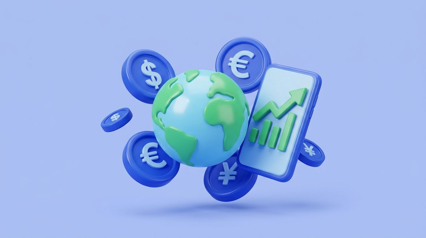 AI-generated: 3D glossy pastel illustration, 16:9, soft sky-blue background, bold blue #3B5BDB accent. Floating world currency symbols