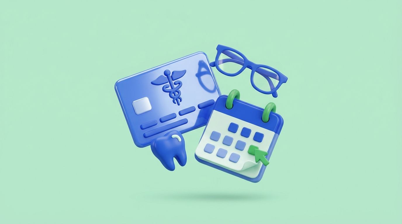 AI-generated: 3D glossy pastel illustration, 16:9, soft mint green background. A shiny medical-style credit card next to a small tooth