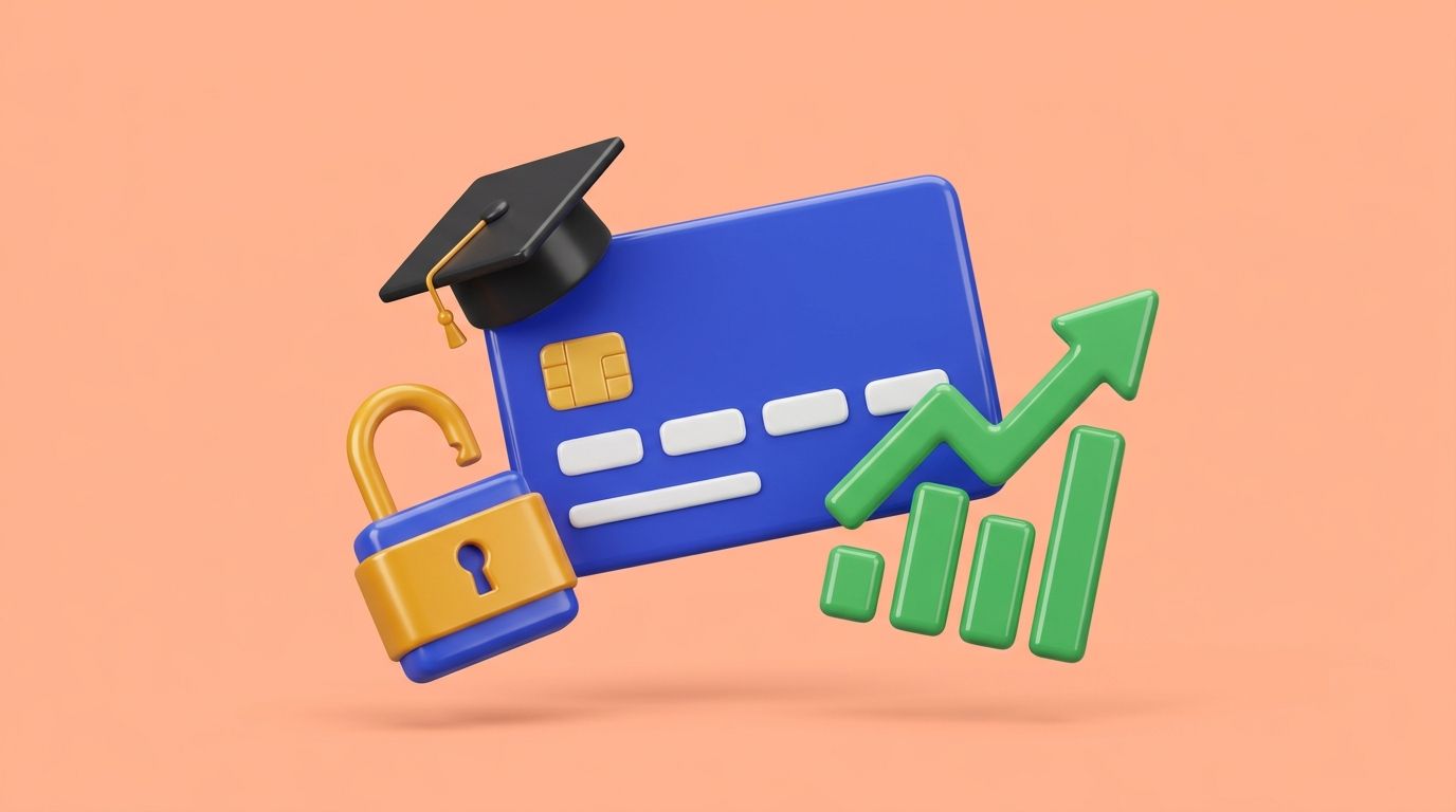 AI-generated: 3D glossy pastel illustration, 16:9, soft peach background. A shiny credit card with a small graduation cap and an upwar