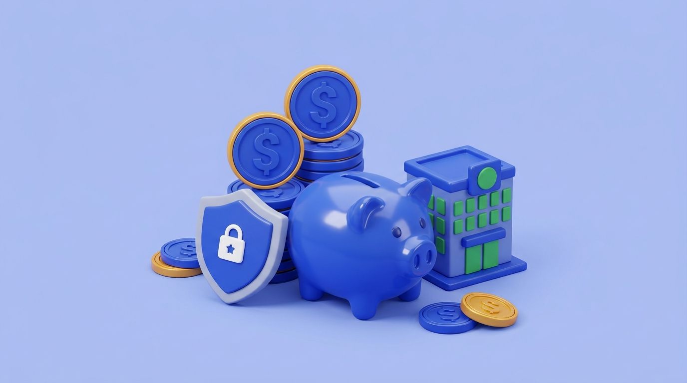 AI-generated: 3D glossy pastel illustration, 16:9, soft sky-blue background. A shiny piggy bank beside a small office building icon an