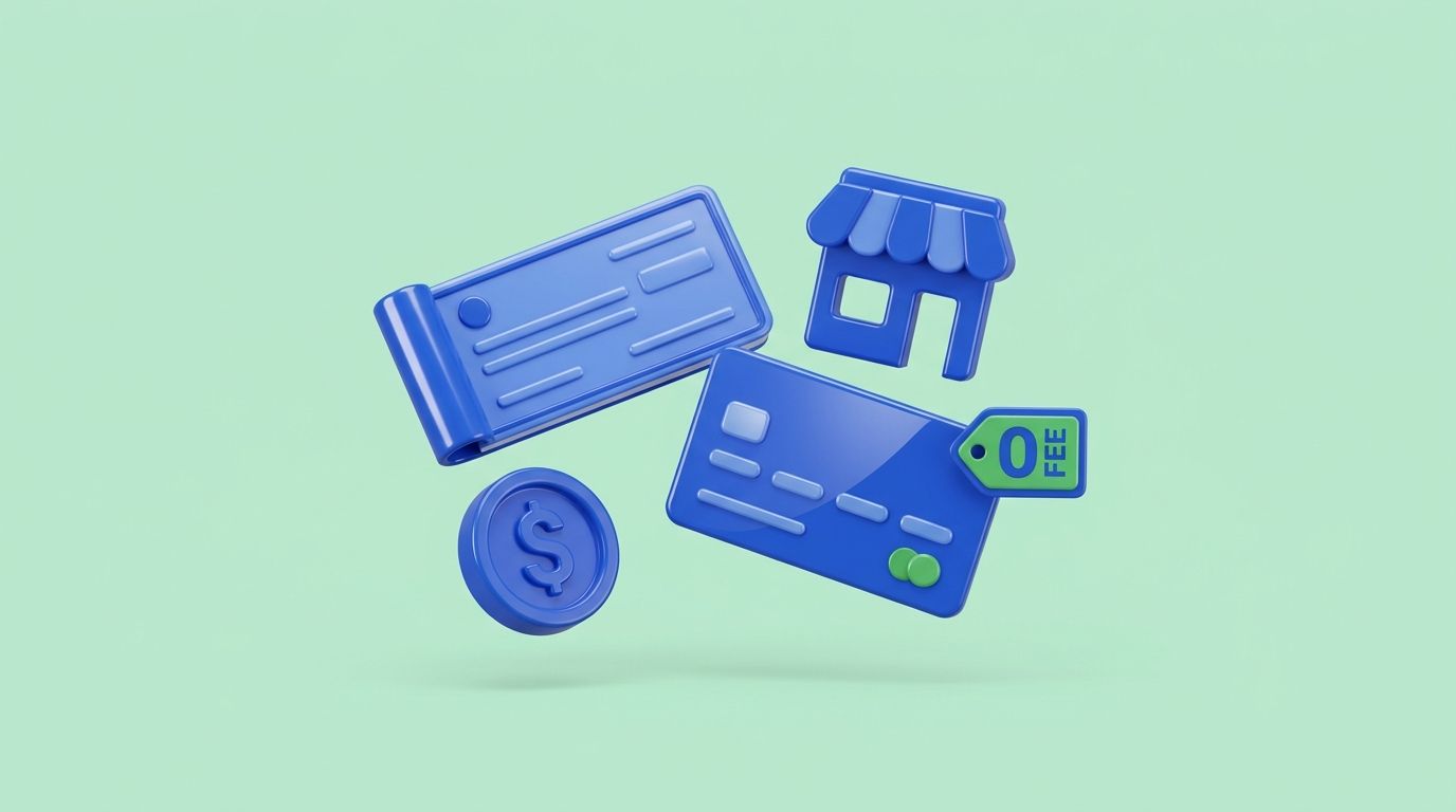 AI-generated: 3D glossy pastel illustration, 16:9, soft green background. A shiny checkbook and debit card next to a small storefront 