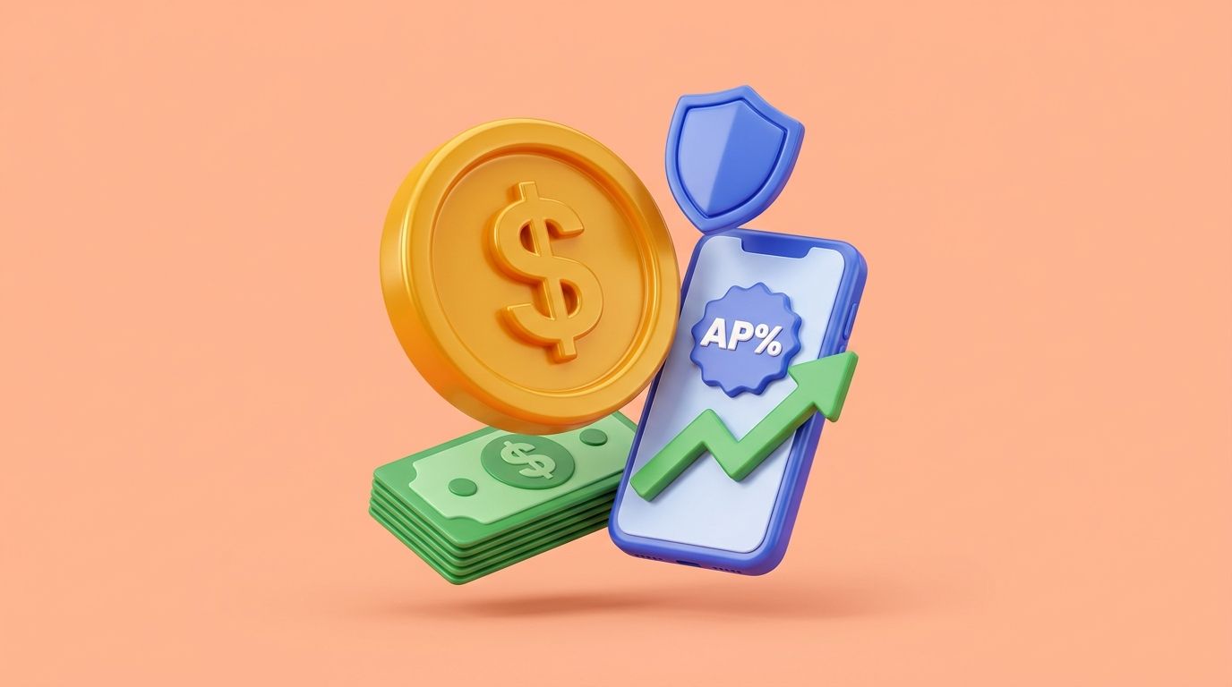 AI-generated: 3D glossy pastel illustration, 16:9, soft peach background, bold blue #3B5BDB accent. A shiny gold membership coin, a st