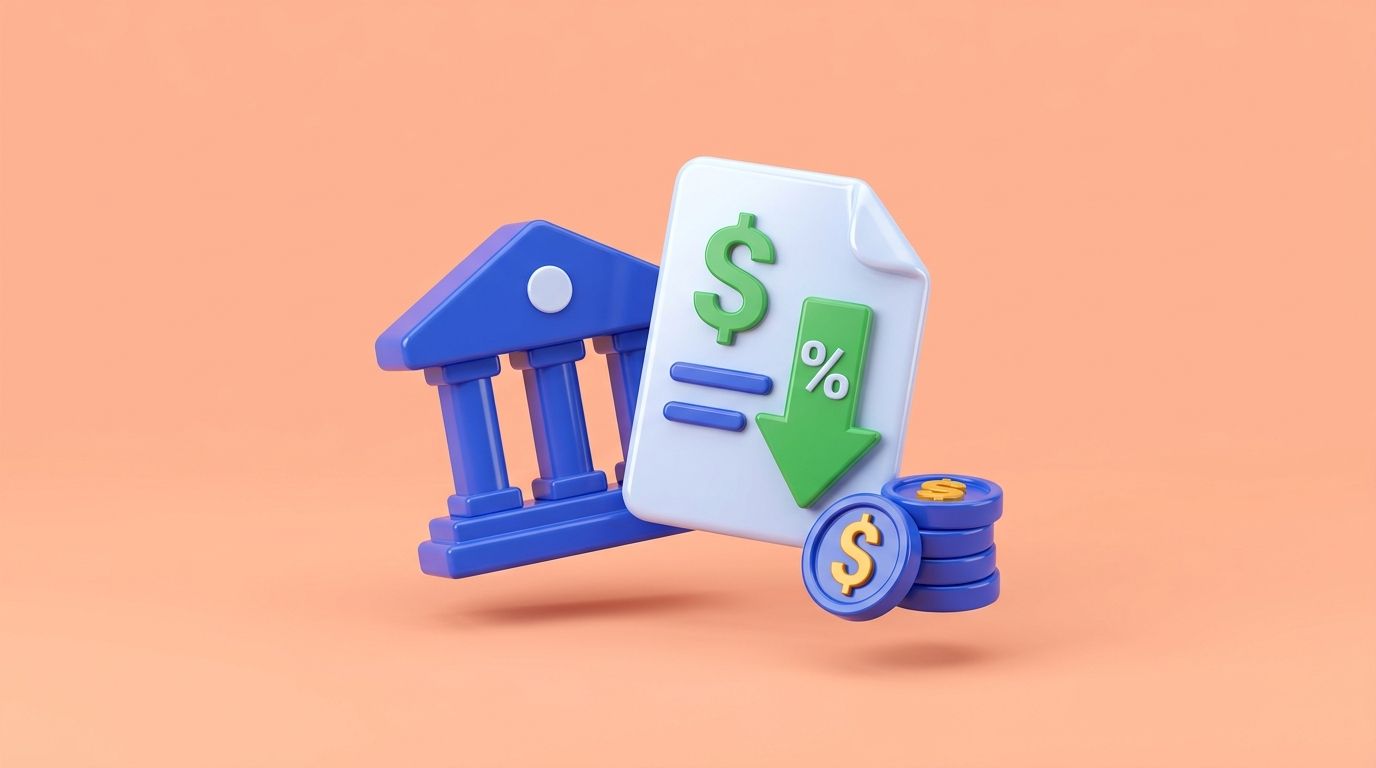 AI-generated: 3D glossy pastel illustration, 16:9, soft peach background, bold blue #3B5BDB accent. A bank building icon next to a doc