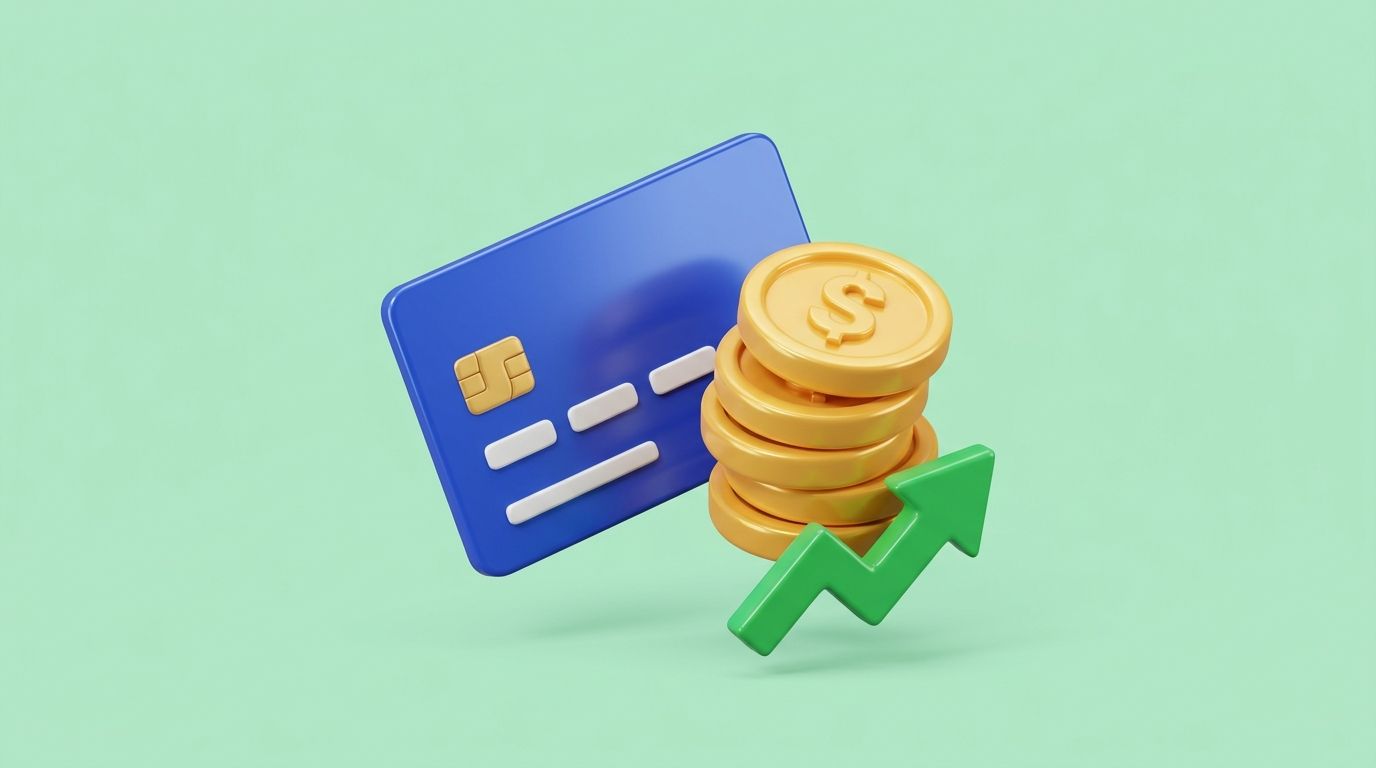 AI-generated: 3D glossy pastel illustration, 16:9, soft mint-green background, bold blue #3B5BDB accent. A premium metal credit card f