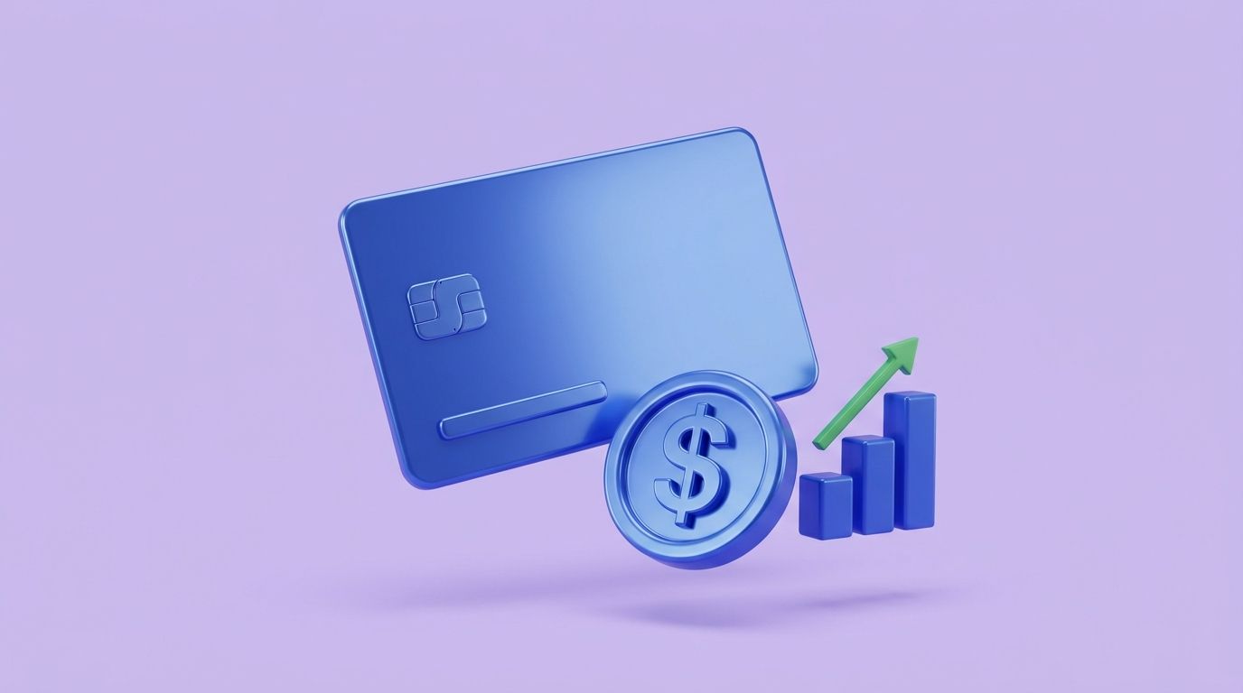 AI-generated: 3D glossy pastel illustration, 16:9, soft lavender background, bold blue #3B5BDB accent. A premium metal credit card flo