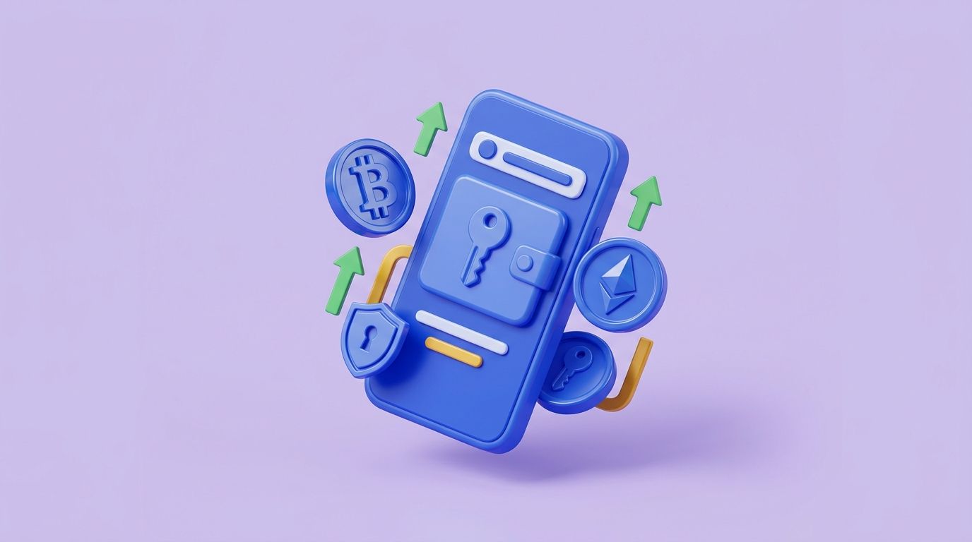 AI-generated: 3D glossy pastel illustration, isometric, soft teal and blue background. A floating smartphone showing a crypto wallet s