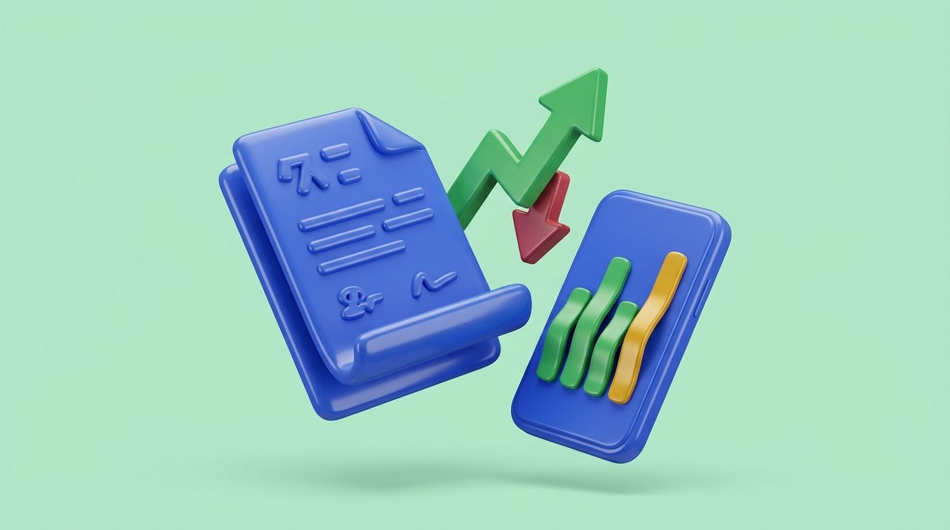 AI-generated: 3D glossy pastel illustration, 16:9, soft mint-green background, bold blue #3B5BDB accent. A floating stock-options cont