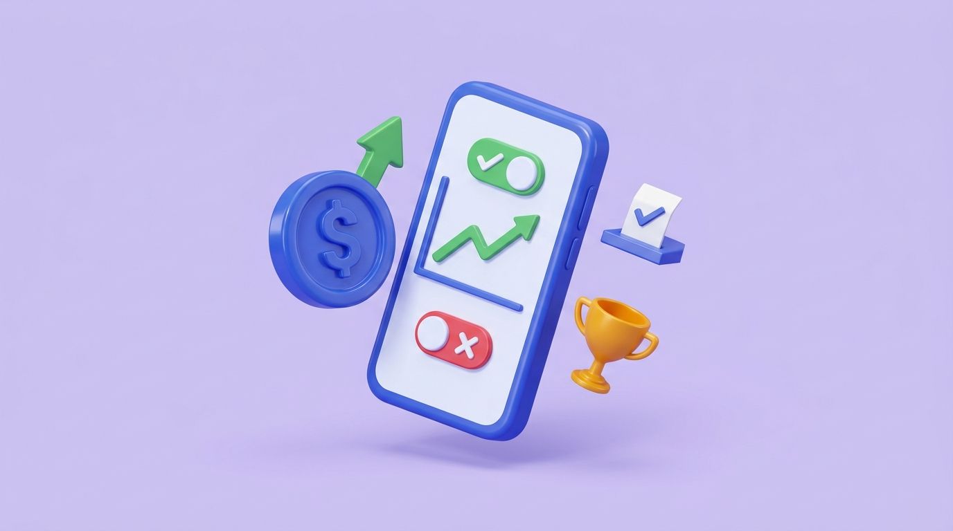 AI-generated: 3D glossy pastel illustration, isometric, soft lavender and purple background. A floating smartphone showing a simple Ye