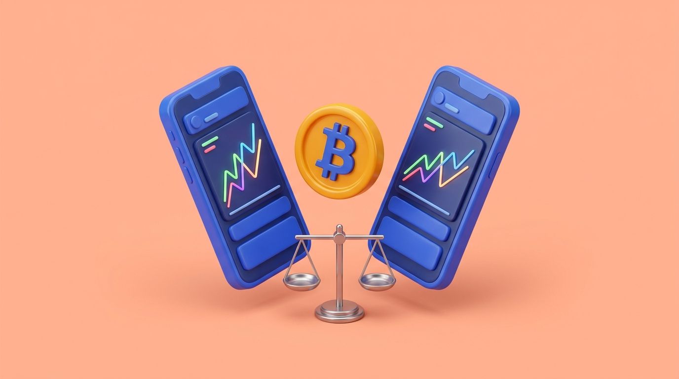 AI-generated: 3D glossy pastel illustration, isometric, soft coral and peach background. Two floating smartphones facing each other li