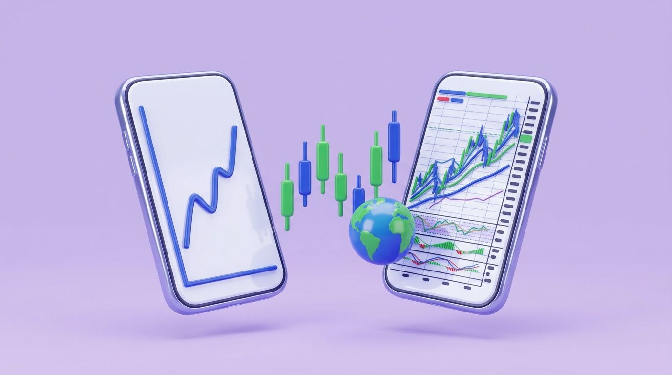 AI-generated: 3D glossy pastel illustration, 16:9, soft lavender background. Two shiny smartphone screens side by side showing stock t