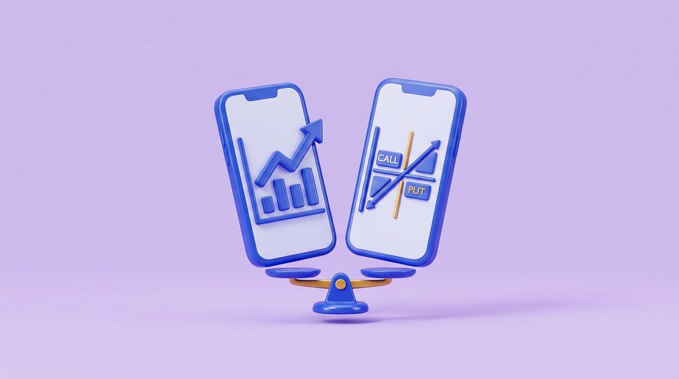 AI-generated: 3D glossy pastel illustration, 16:9, soft lavender background, bold blue #3B5BDB accent. Two smartphones side by side sh
